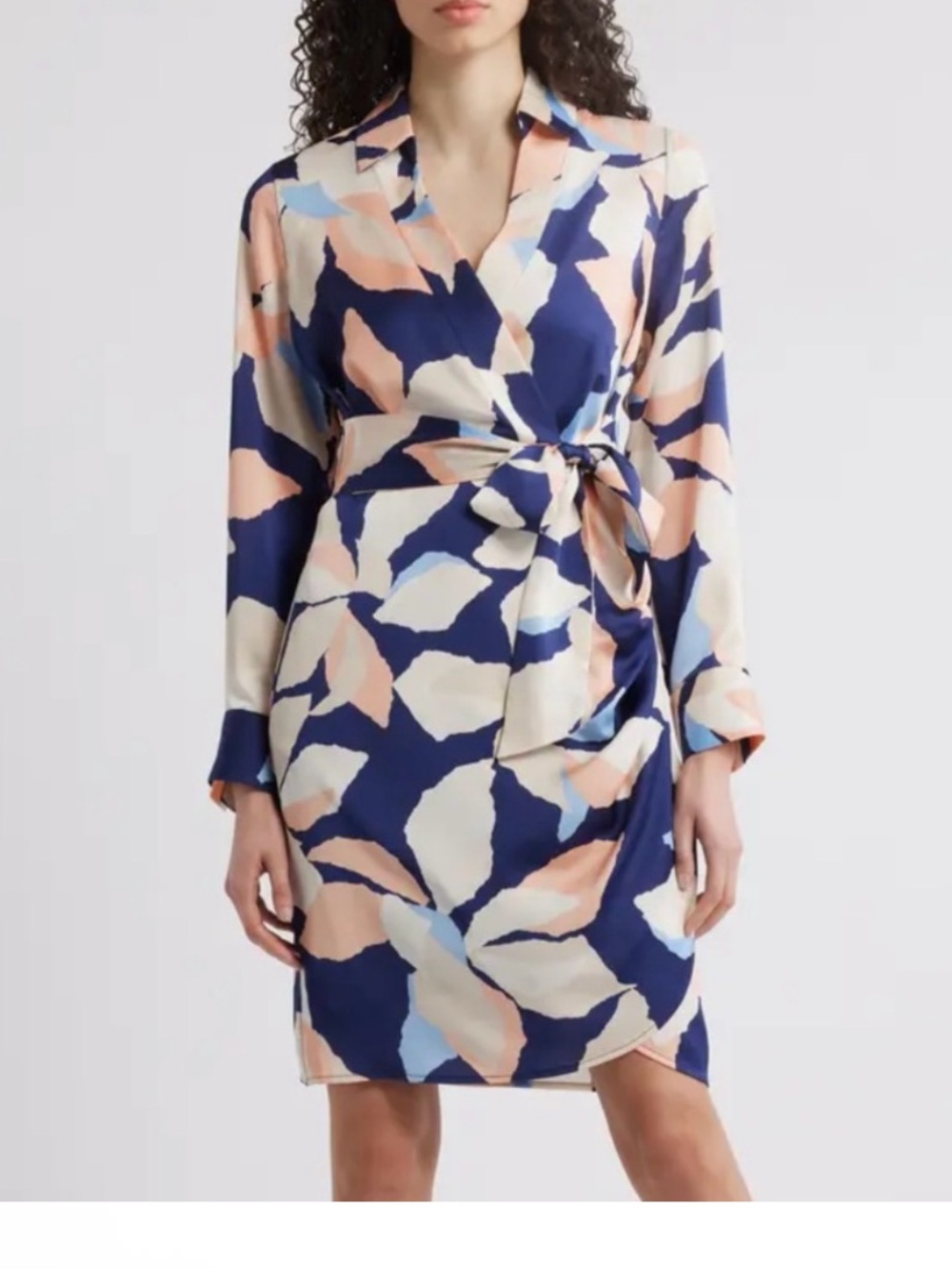 Tahari ASL Petite Abstract Floral Tie Waist Wrap Dress Navy Peach 12P NWT